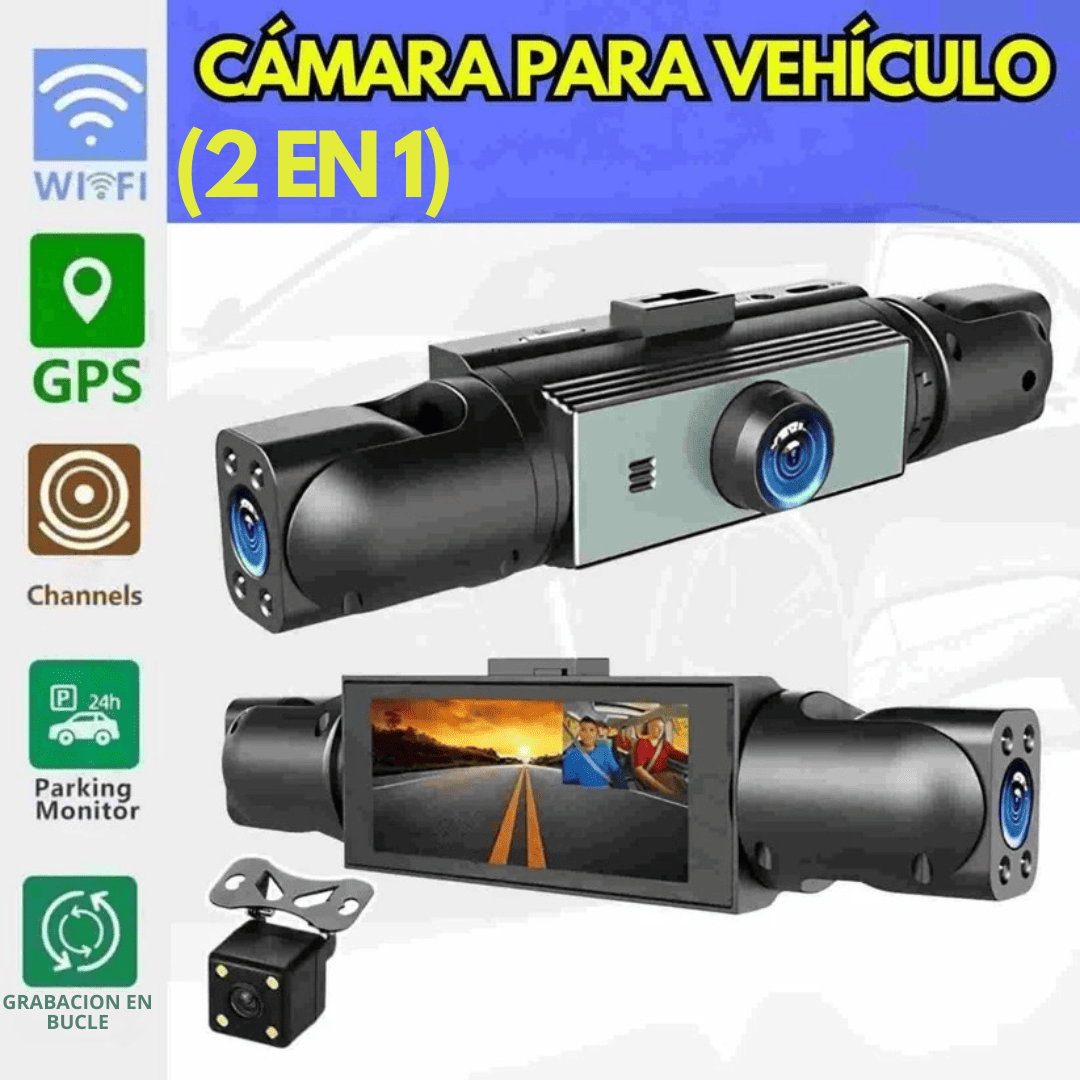 Cámara de Seguridad para Auto 3 en 1 Grabación Frontal, Interior y Trasera en HD