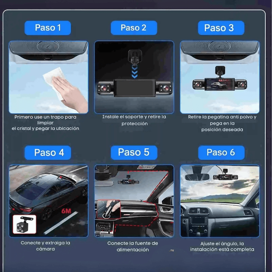Cámara de Seguridad para Auto 3 en 1 Grabación Frontal, Interior y Trasera en HD