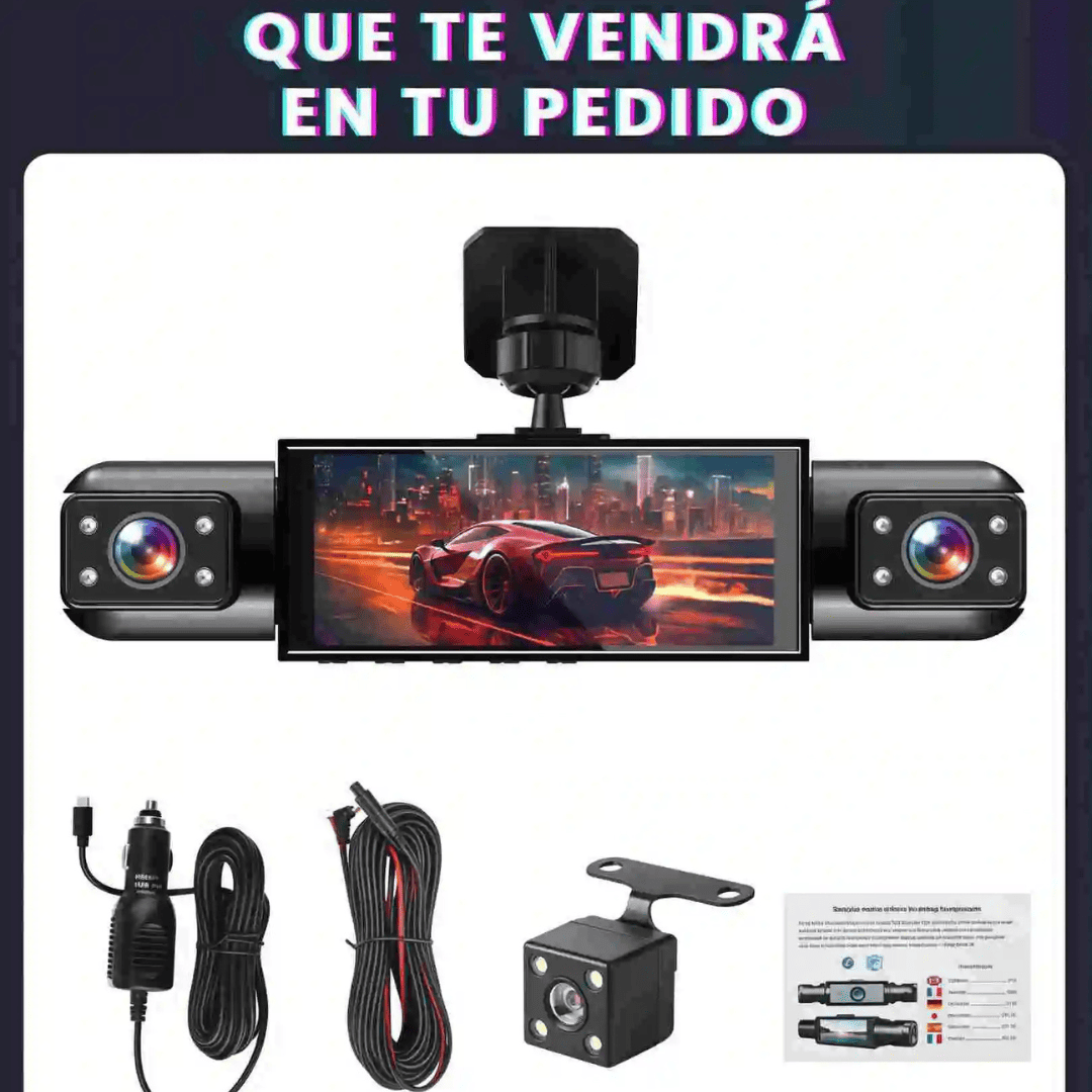 Cámara de Seguridad para Auto 3 en 1 Grabación Frontal, Interior y Trasera en HD